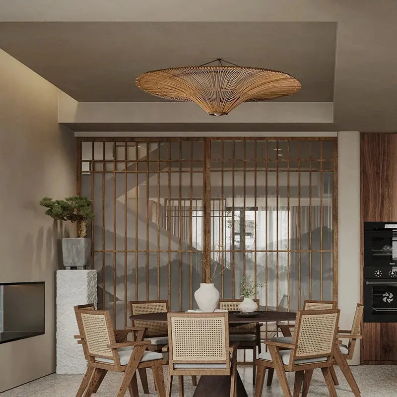 Mika – Handmade Round Japanese Rattan LED Pendant Light for Minimalist Interiors Kozyled